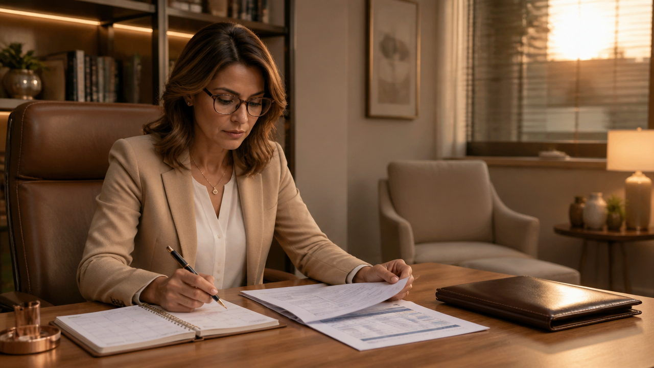 Psicóloga em consultório analisando agenda e finanças para reajustar honorários com estratégia.